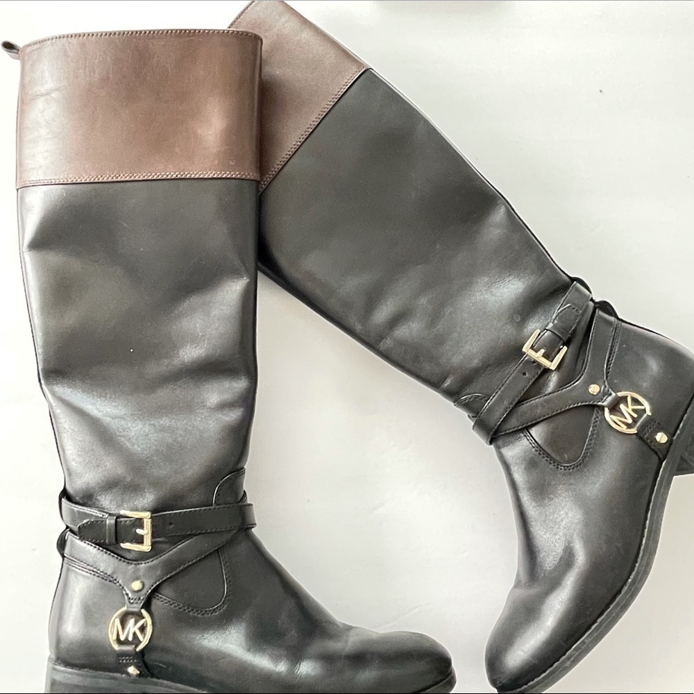 Michael Kors Riding Boots Black Brown Leather Logo Buckle Tall Boots 6 - Picture 3 of 6